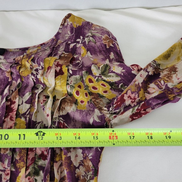 XXI Women Small Popover Tunic Top Floral Long Roll Tab Sleeve Pleated Scoop Neck - Picture 7 of 9